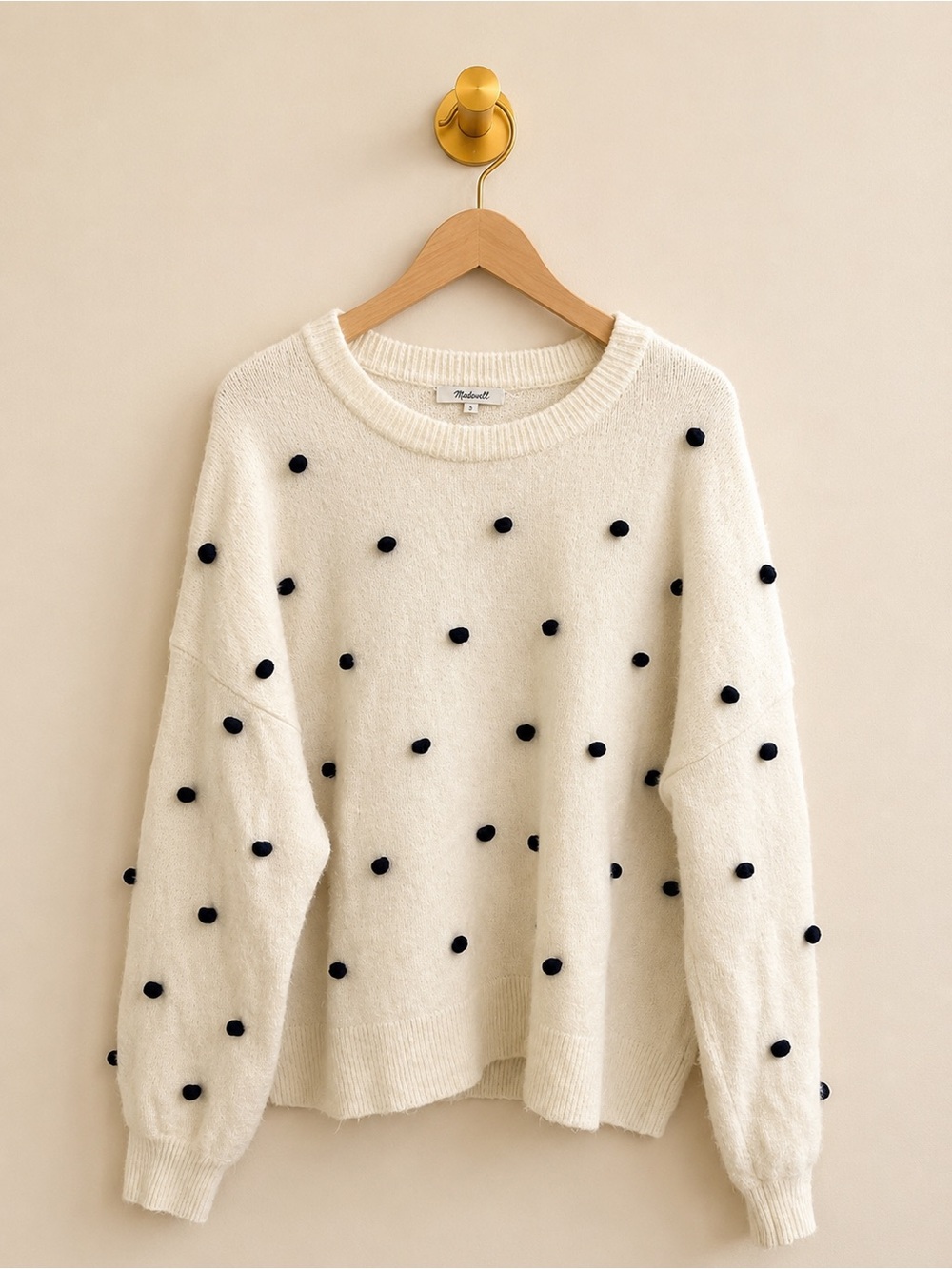 Madewell Cream Merino Wool Blend Sweater XL | Navy Pom Pom Knit (Retail @ $128)